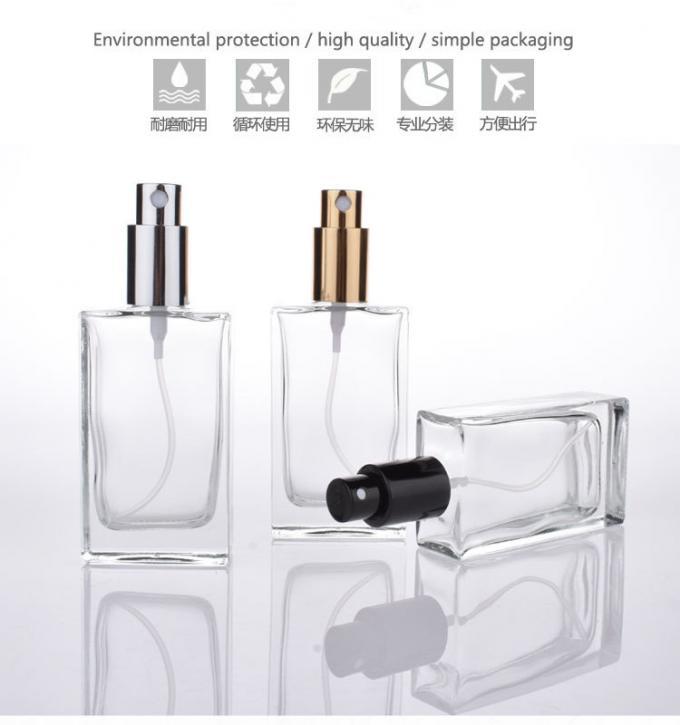 Le jet de parfum en verre carré plat met la capacité en bouteille métallique de la pompe 50ml rechargeable